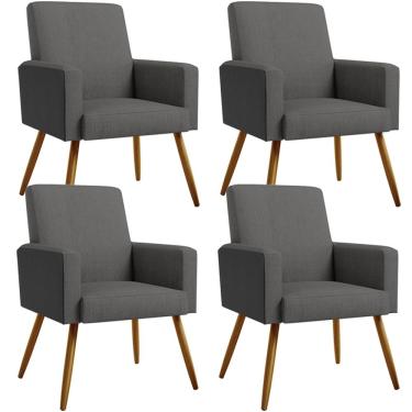 Imagem de Kit 04 Poltronas Decorativa Maria W01 Pés Palito Linho Cinza Escuro Couríssimo Preto - Lyam Decor