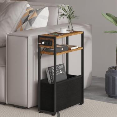 Imagem de Leomonio Mesa lateral estreita, mesas de canto finas com cesta de tecido, mesa fina para espaços pequenos, mesa de cabeceira fina para sala de estar, quarto (1, marrom rústico - tomada)