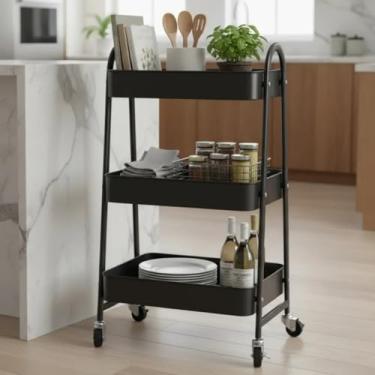 Imagem de Prateleira Multiuso de Metal com Rodízios, Carrinho Organizador com 3 Andares, Ideal para Cozinha Escritório Banheiro, Lavanderia, Fruteira