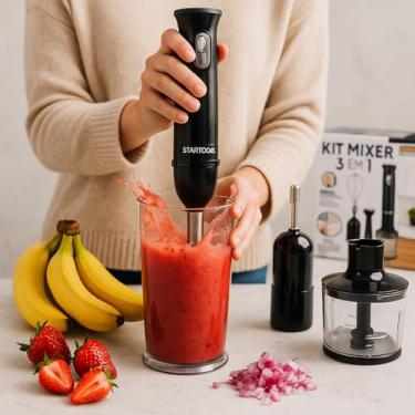 Imagem de Kit Mixer 3 em 1, 220V, Processador, Batedor e Liquidificador, Copo 700ml, 200W Preto - Branco Para Sucos, Massas