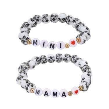 Imagem de PATIKIL Conjunto de pulseiras de contas mãe e filha, 2 peças MAMA e MINI com elos de coração combinando, pulseira de porcelana azul e branca, cordão elástico feito à mão com bolsa para presente de mãe