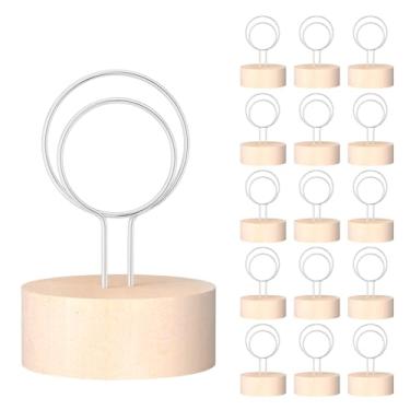 Imagem de Oubest Porta-números de mesa com arame de metal e base de madeira, 16 peças de porta-cartões para mesa de centro de mesa decoração de aniversário de casamento, suporte de placa de madeira para