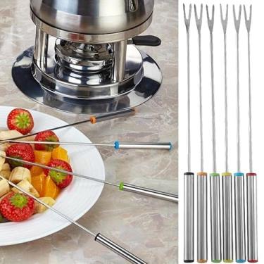 Imagem de 6 garfos de fondue de aço inoxidável codificados por cores, garfos de fondue de queijo, aço inoxidável, garfos de fondue de frutas
