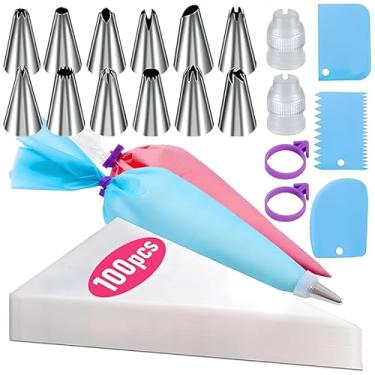 Imagem de Conjunto de 120 sacos de confeitar e pontas, kit reutilizável de decoração de bolo, ferramentas com 2 sacos de confeitaria reutilizáveis, 100 sacos de confeitar de 30 cm, 12 pontas de gelo, 2 anéis de