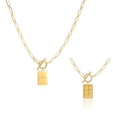 Imagem de Robaice Colar feminino com pingente de cruz banhado a ouro e prata, pingente de cruz retangular, corrente delicada de clipe de papel, joia religiosa, presente para fé cristã, batismo, primeira