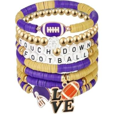 Imagem de KLSKLYL 【Conjunto de 8 peças de pulseiras Super Bowl】 Pulseiras com tema esportivo para dia de jogo – Conjunto de miçangas unissex de futebol, basquete, vôlei e beisebol, One Size, Argila de polímero