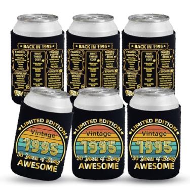 Imagem de Mangas térmicas para latas de 30 anos, pacote com 6, decorações de bebidas vintage de aniversário de 1995, artigos de festa de 30 anos para homens e mulheres, adequados para refrigerantes, cervejas e