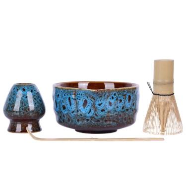 Imagem de XINGYAN Conjunto de tigelas Matcha com bico, conjunto de 4 peças de chá matcha japonês inclui tigela matcha de cerâmica com design ondulado de 500 ml, batedor de bambu, suporte de batedor e colher