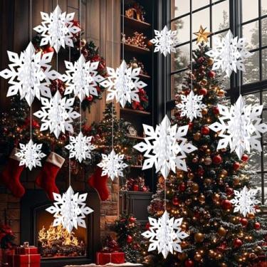 Imagem de 18 peças de decorações de floco de neve para pendurar, enfeites de flocos de neve de papel 3D, guirlanda grande de floco de neve para enfeites de Natal brancos, decorações de Natal para o país das