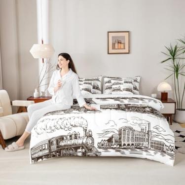 Imagem de Manfei Jogo de cama casal de 7 peças, trem retrô a vapor locomotiva a vapor, para meninos e meninas, adultos, trem vintage em uma bolsa com edredom, lençol de cima, lençol de cima e fronhas