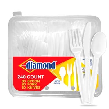 Imagem de Diamond Conjunto de talheres descartáveis resistentes, 240 unidades – 80 garfos, 80 colheres, 80 facas, utensílios de plástico durável, bandeja reutilizável, almoço, festas, eventos, feito nos EUA