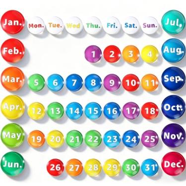 Imagem de Tellegloww 50 peças de calendário magnético grande com números e meses semanais redondos de vidro para geladeira, quadro branco apagável a seco, sala de aula, casa, escola, escritório, (cor arco-íris