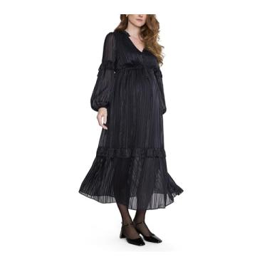 Imagem de Motherhood Maternity Vestido longo feminino de manga comprida com gola V em camadas com cordão, Preto, M