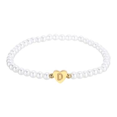 Imagem de PATIKIL Pulseira feminina com inicial de pérola, pingente de coração dourado, delicada, pérola, letras, pulseiras femininas, One Size, cordão, Sem Pedra Preciosa