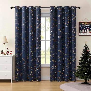 Imagem de ZHOCHI Cortinas de janela blackout azul marinho com painéis redutores de ruído metálicos estelares de 224 cm de comprimento superior com ilhós para crianças, tratamento de janela com isolamento