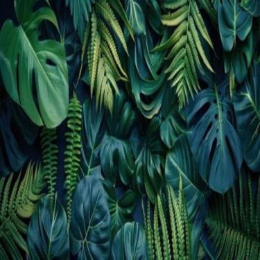 Imagem de Quadro Decorativo Estampa Tropical Green Leaves Lush Foliage com Fundo Escuro - Decoração de Parede Moderna 30x30cm