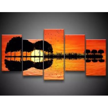 Imagem de Kit quadro decorativo 5 peças 95x60cm Ilha Violão Pôr Do Sol