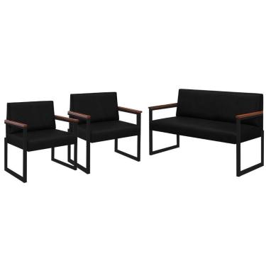 Imagem de Conjunto Sofá 2 Lugares E 2 Poltronas Niterói Couro Preto Em Metal Preto