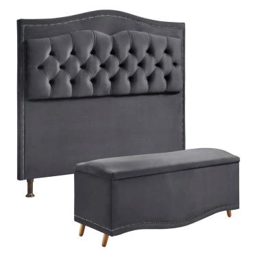 Imagem de Conjunto Cabeceira E Calçadeira Holanda 90cm Veludo 2.0 Speciale Home Cinza Chumbo