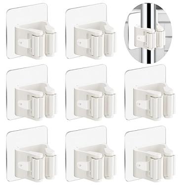 Imagem de 3-H Pacote com 8 suportes autoadesivos de parede – Organizador de vassoura resistente sem broca para garagem, armário, cozinha, rack de armazenamento de plástico para vassouras, esfregões, ferramentas