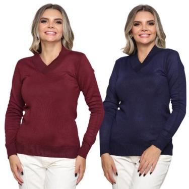 Imagem de Kit 2 Blusa Tricot Gola V Inverno Moda Casual - SP/CXX, Bordô, Marinho