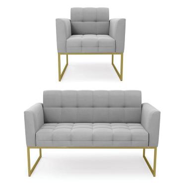 Imagem de Kit 1 Sofá Namoradeira E 1 Poltrona Elisa Suede Cinza Base Metálica Industrial Dourado D03 - DRossi