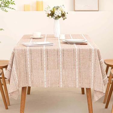 Imagem de SIELUNO Toalha de mesa retangular, toalha de mesa rústica, de algodão, linho resistente, impermeável, sem vincos, para cozinha e sala de jantar - retângulo de café leve vazado, 137 x 178 cm, 4 a 6
