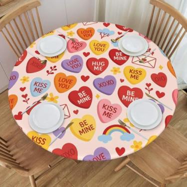 Imagem de KiuLoam Toalha de mesa redonda rosa doce amor carta coração capa de mesa casa de fazenda com borda elástica lavável toalha de mesa para decoração de cozinha patry ao ar livre, serve para 101,6 cm