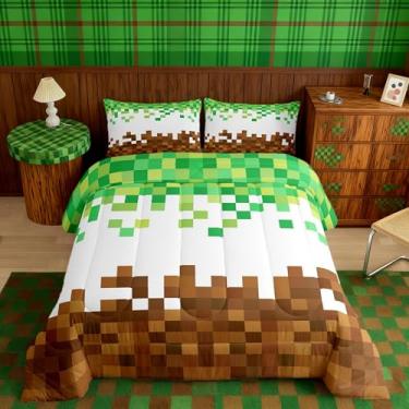Imagem de Manfei Conjunto de edredom queen pixelado, quadriculado geométrico, para decoração de quarto de adultos, mineiros, marrom, verde, microfibra ultramacia, enchimento interno, 3 peças