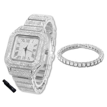 Imagem de Halukakah Relógio de diamantes para meninos e adolescentes - banhado a ouro real 18K, mostrador quadrado de 40 mm, quartzo japonês - comprimento de 20 cm - opcional com corrente de tênis, com