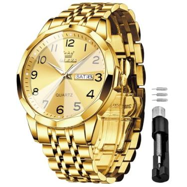 Imagem de OLEVS Relógio masculino de luxo, analógico, quartzo, aço inoxidável, à prova d'água, luminoso, data, diamante, negócios, dois tons, casual, relógio de pulso, Ouro, Clássico