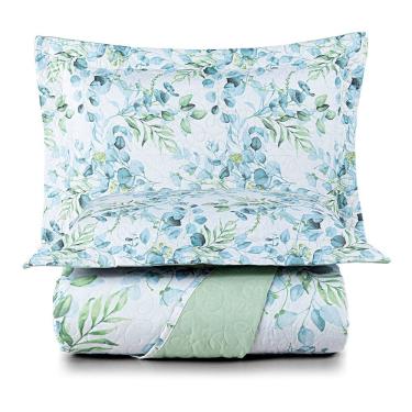 Imagem de Kit Cobre Leito Colcha Maris Queen Estampado Dupla Face Percalle 200 Fios 3 Peças Forest Verde