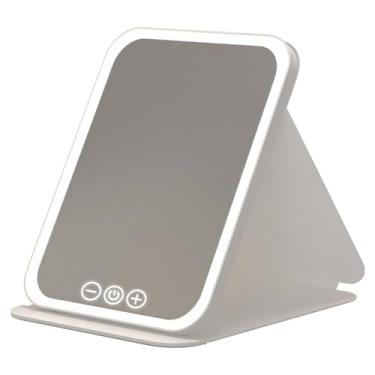 Imagem de Espelho de maquiagem com luz LED para viagens, configurações de luz regulável, controle de toque, recarregável tipo C, design portátil e dobrável, branco