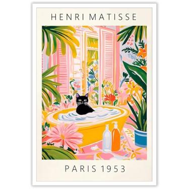 Imagem de Arte de parede em tela vintage Henri Matisse pôster engraçado gato preto banheiro gato fofo na banheira impressão rosa verde dopamina banheiro decoração de parede tropical botânico floral imagem 30,5