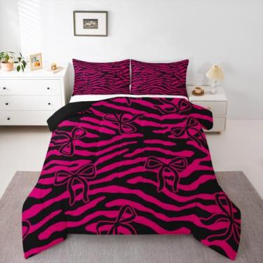 Imagem de jejeloiu Jogo de cama solteiro com laço, listras, zebra, para crianças, meninos, meninas, pele de animal selvagem, edredom fofo, laço fofo, decoração de quarto, microfibra rosa choque, 2 peças com 1