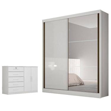 Imagem de Guarda Roupa Solteiro Dante Com Espelho E Cômoda Seul Neve - Horizonte