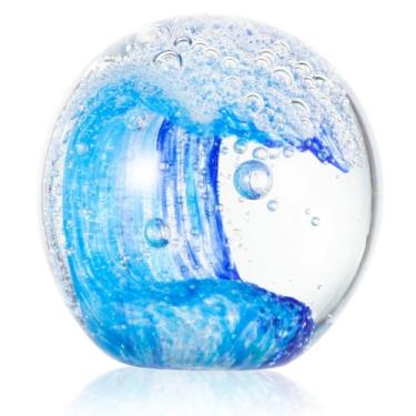 Imagem de Bola decorativa de vidro com ondas do oceano, ornamento feito à mão com tema de praia para casa, escritório ou aquário