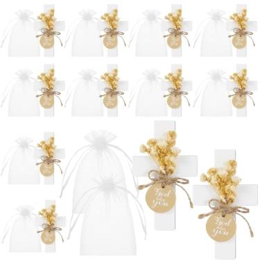 Imagem de LUMINFLY Design floral cruzes de madeira 12 peças com forte fixação e sacos de lembrancinha de batismo, etiqueta God Bless You, para batismo, eventos religiosos e aniversários, presente ideal, estilo