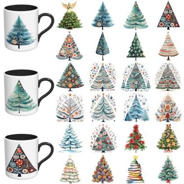 Imagem de Adesivos DTF UV de Natal - 24 folhas folk árvore de Natal UV DTF copo envoltório para canecas vidro café, decalques DIY para copos, esfregar à prova d'água em transferências para artesanato