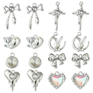 Imagem de MakemadeDIY Pingente de vidro com strass, 18 peças, para fazer joias, metal, fofo, lua, coelhos, laço, cruz, flores, pingentes para colares, pulseiras, brincos