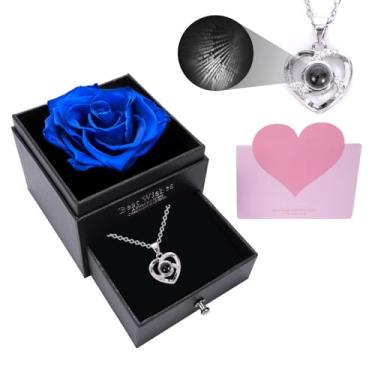 Imagem de AGQWR Colar feminino de rosa azul, presentes para esposa, namorada, mãe, avó, colar em formato de coração, 100 idiomas I Love You, presente romântico de aniversário de Natal para Dia das Mães (azul)