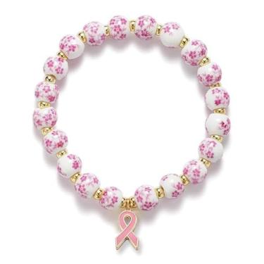 Imagem de Warmhope Pulseira feminina elástica com contas de laço floral artesanal ajustável em tom dourado para uso diário, presentes para ocasiões, universal size, Porcelana, Sem Pedra Preciosa
