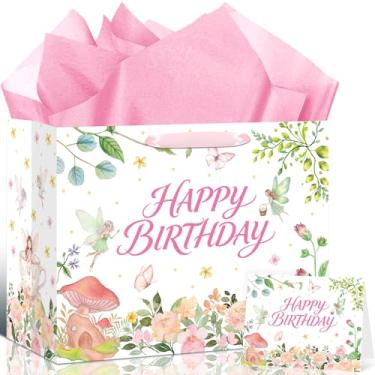 Imagem de Bolsa de presente de aniversário de fadas, grande, flor rosa, para presente de feliz aniversário, com papel de seda, cartão de felicitações, cogumelo, floral, decoração de festa de jardim de fadas