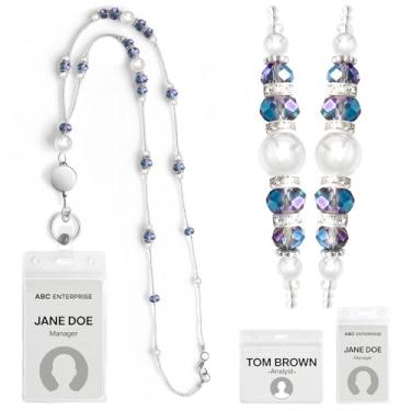 Imagem de Estedro Cordões de professor para crachás de identificação, chaves, carteira, lindos cordões de professor de contas com suporte de identidade, cordão retrátil de cruzeiro para cartões de navio