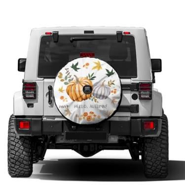 Imagem de Dujiea Capa de pneu sobressalente Fall Autumn Pumpkins com orifício para câmera de reserva, protetor de pneu de roda universal para Jeep Trailer RV Van SUV Truck Camper e muitos veículos 43.2 cm
