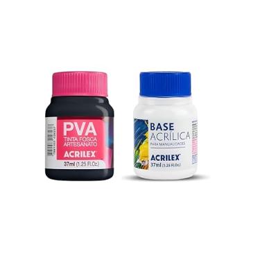 Imagem de Kit Tinta PVA Fosca Acrilex Preto 520 37ml + Base Acrílica 37ml Branco para Artesanato – Madeira, MDF, Gesso, Tela e Decoração