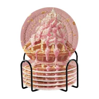 Imagem de SEHANY Lindo conjunto de 6 porta-copos de sorvete com suporte, porta-copos redondos absorventes de algodão resistente ao calor para mesa de jantar, canecas de café, proteção de xícara, 10 cm