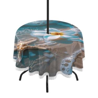 Imagem de Blueangle Toalha de mesa redonda de 152 cm à prova d'água com estrela do mar e coral com orifício para guarda-chuva - Tecido resistente à prova de sol para todos os climas para pátio, acampamento