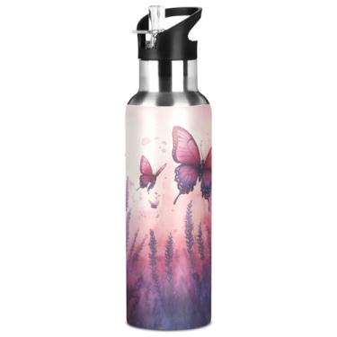 Imagem de ATTX Garrafa de água de aço inoxidável com canudo, design de campo de lavanda com borboletas, 947 ml, garrafa de água esportiva sem BPA para academia, trabalho, atividades ao ar livre e viagens #117