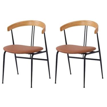 Imagem de Kit 2 Cadeiras Escandinávia Fratini Encosto Madeira Assento Pu Caramelo Estrutura Aço Preto